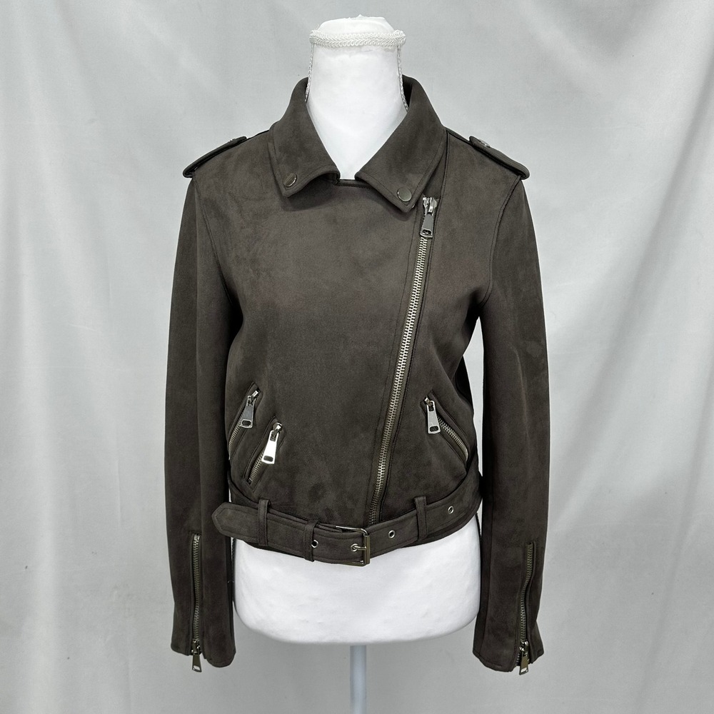 SENLY Studio Women Sz M Moto Jacket Gray Faux Suede Belted Biker Edgy Aesthetic